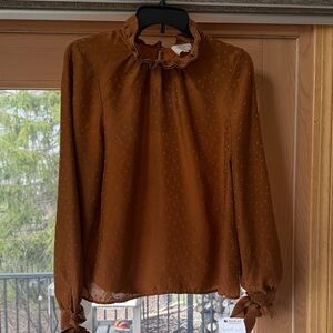 Sezane Brown Ruffle-Neck Long Sleeve Blouse